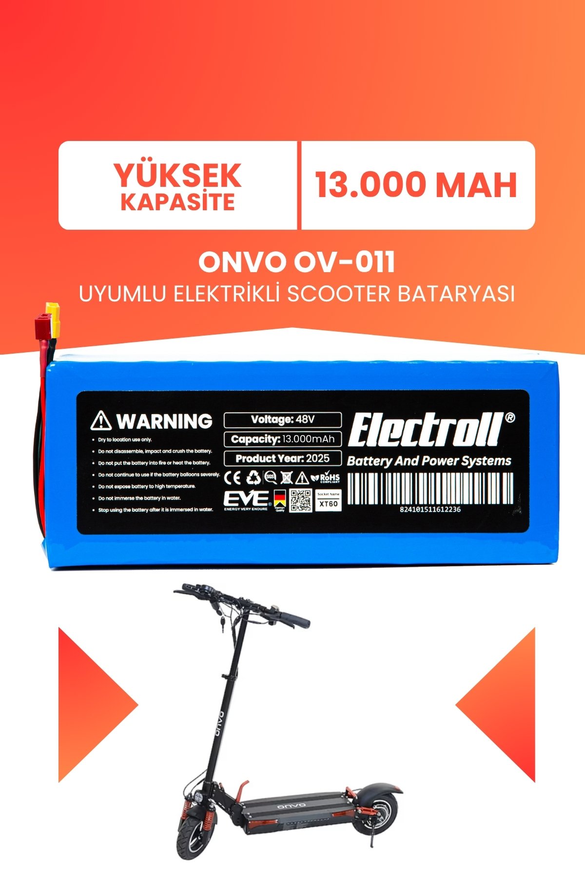 Onvo Ov-011 Batarya (Yüksek Kapasite) Batarya 48v 13ah Pil Elektrikli Scooter Bataryası