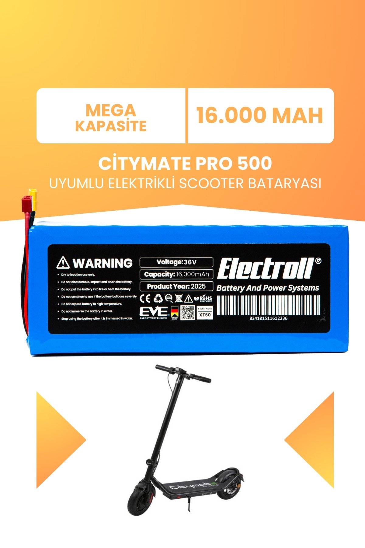 Citymate Pro 500 Uyumlu Batarya (Mega Kapasite) Batarya 36v 16ah Pil Elektrikli Scooter Bataryası