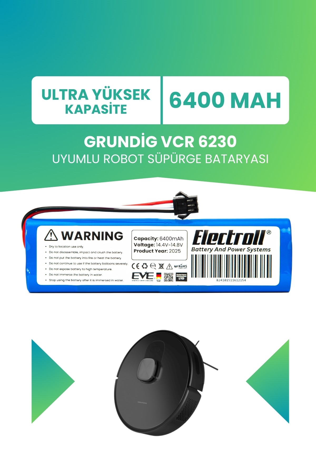 Grundig Vcr 6230 Uyumlu Batarya (ULTRA YÜKSEK KAPASİTE) 6400mah Robot Süpürge Bataryası