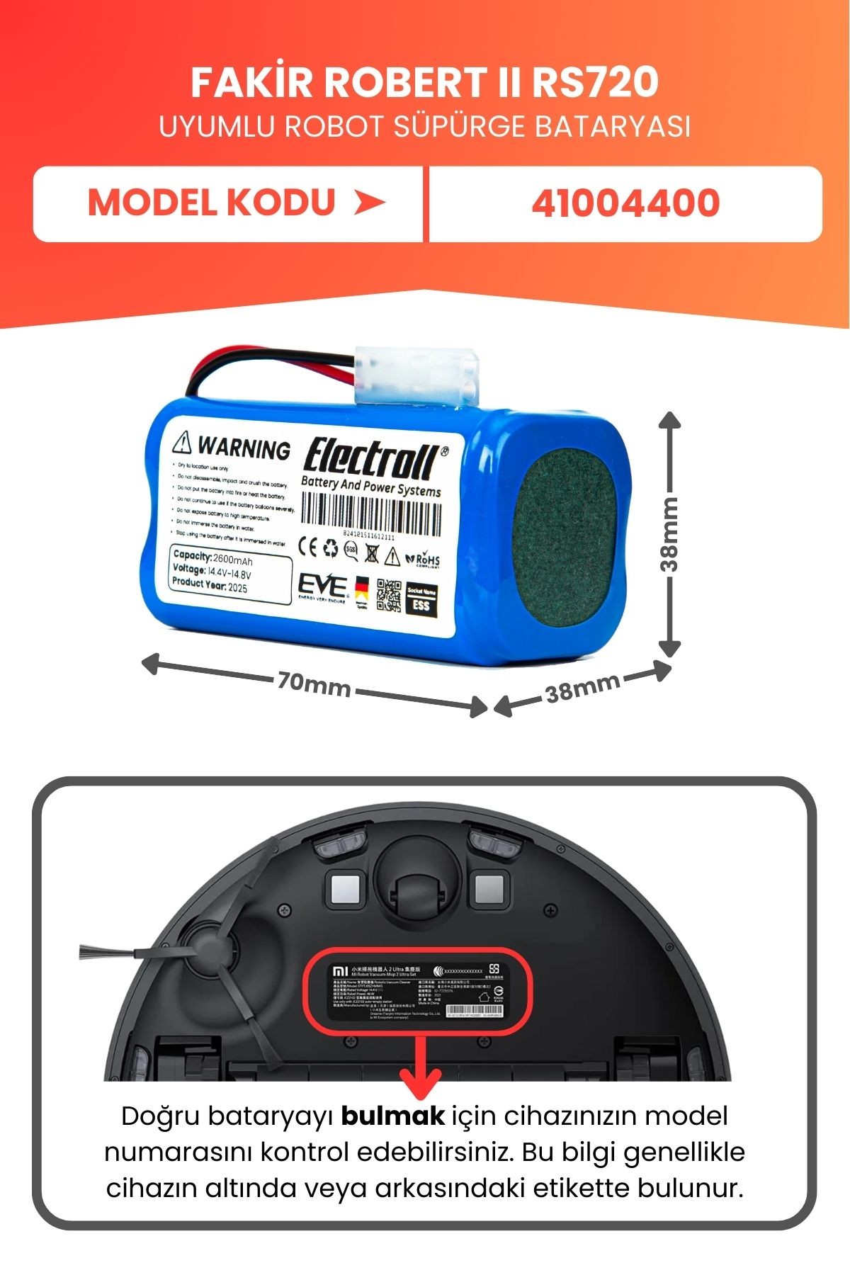 Fakir Robert Iı Rs720 Uyumlu Batarya (YÜKSEK KAPASİTE) 2800mah Pil Robot Süpürge Bataryası 41004400