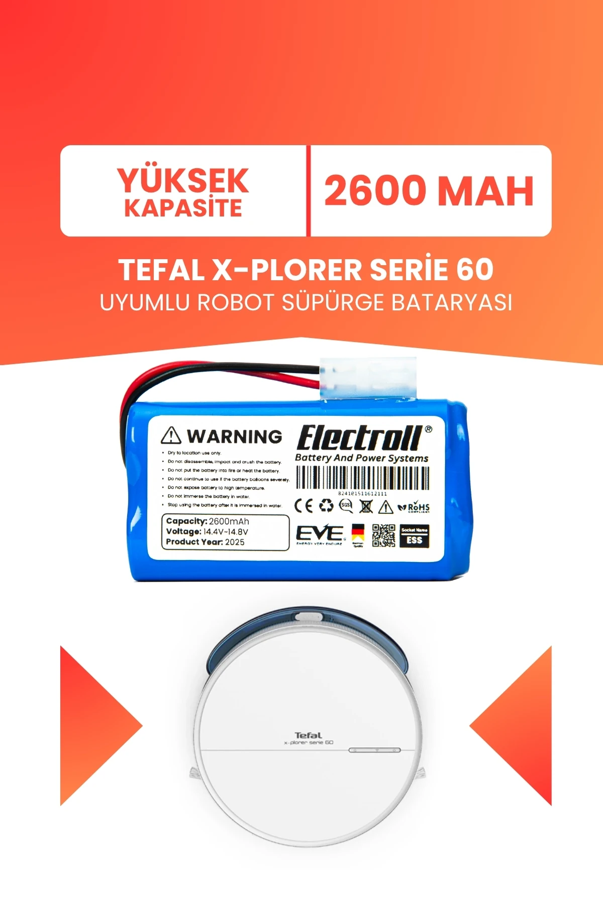 Tefal X-Plorer Serie 60 Uyumlu Batarya (YÜKSEK KAPASİTE) 2600mah Pil Robot Süpürge Batarya