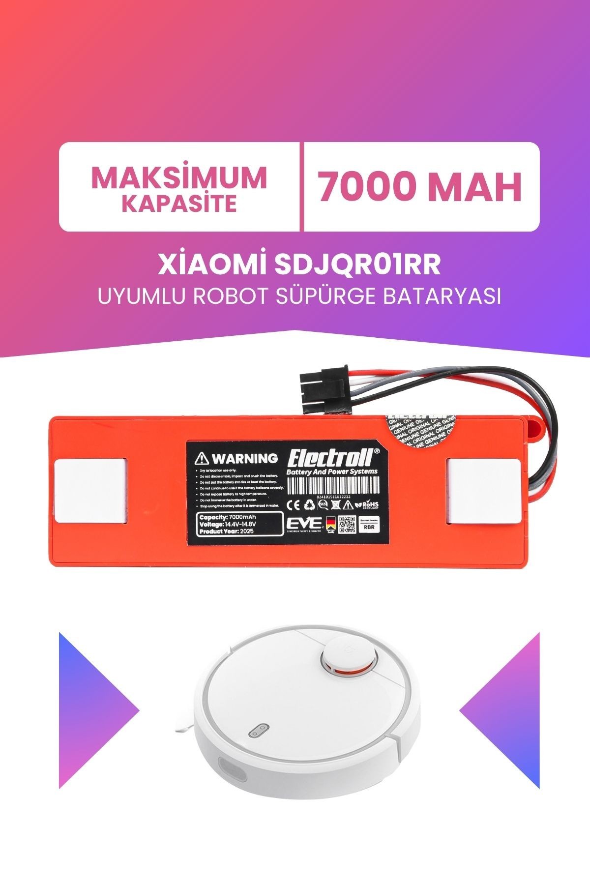 Xiaomi Sdjqr01rr Uyumlu Batarya (MAKSİMUM KAPASİTE) 7000mah Kutulu Robot Süpürge Pil Değişimi