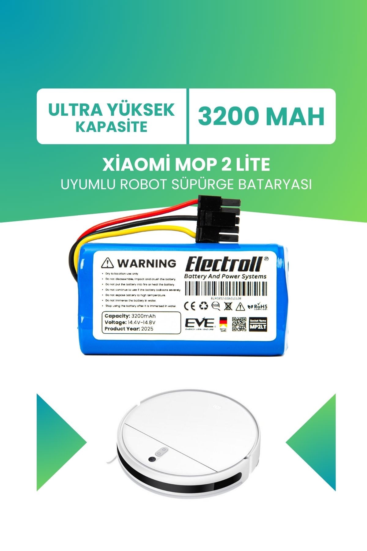 Xiaomi Mop 2 Lite Uyumlu Batarya (ULTRA YÜKSEK KAPASİTE) 3200mah Robot Süpürge Bataryası Bhr5217eu