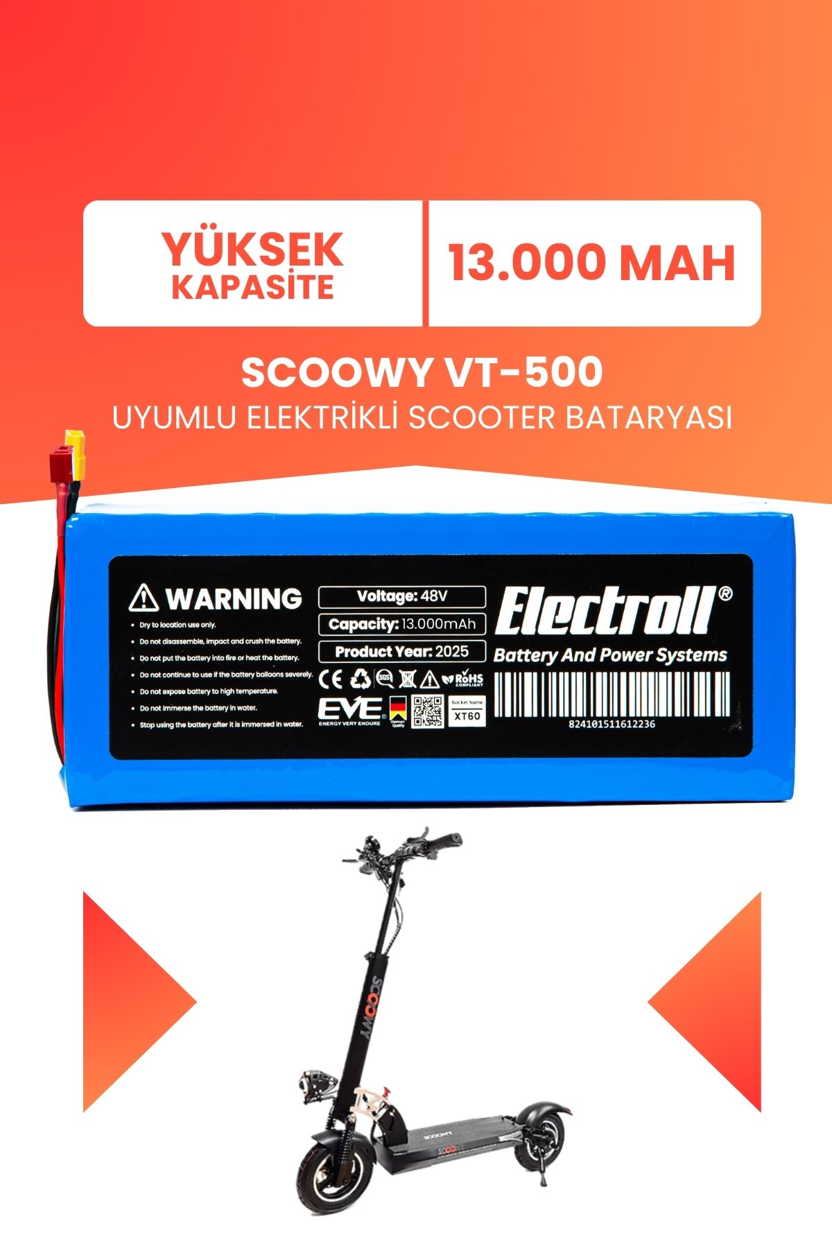 Scoowy Vt-500 Batarya (Yüksek Kapasite) Batarya 48v 13ah Pil Elektrikli Scooter Bataryası