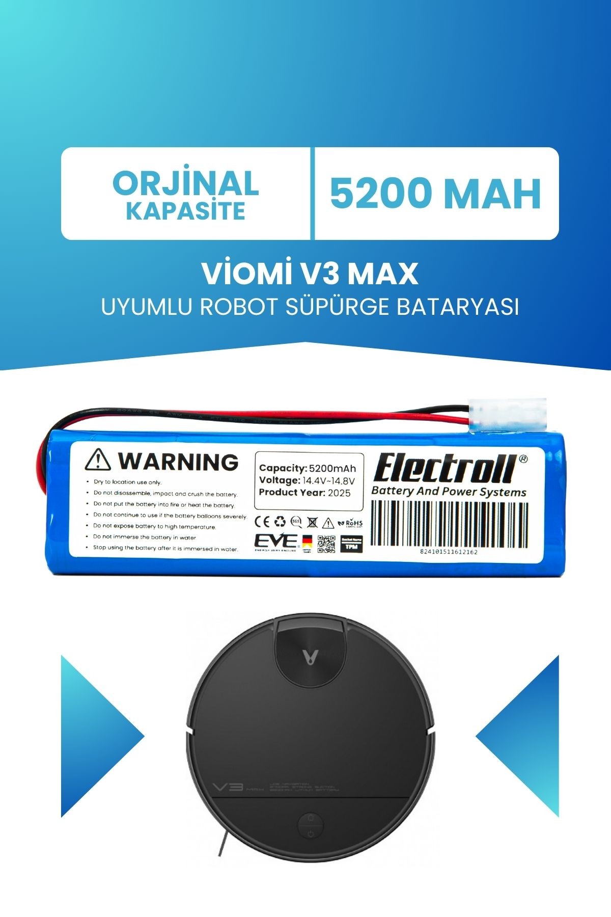 Viomi V3 Max Uyumlu Batarya (ORJİNAL KAPASİTE) 5200mah Pil Robot Süpürge Bataryası V-RVCLM27B