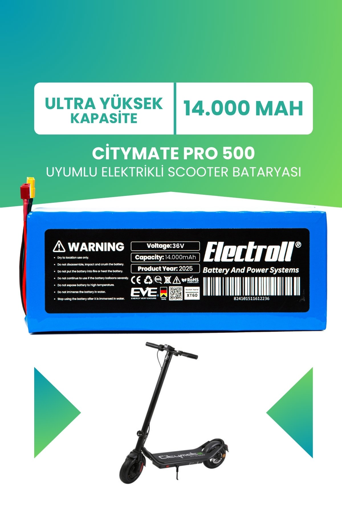 Citymate Pro 500 Uyumlu Batarya (Ultra Yüksek Kapasite) Batarya 36v 14ah Elektrikli Scooter Bataryası