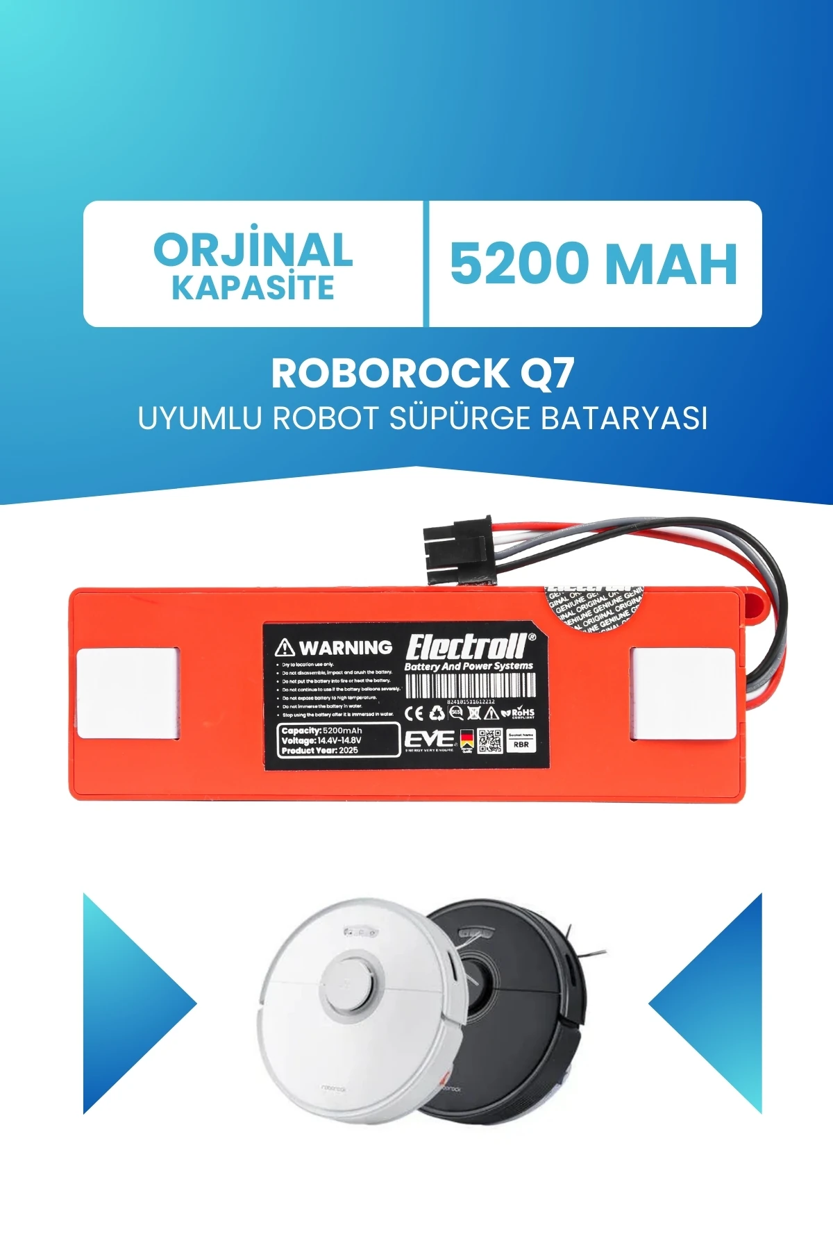 Roborock Q7 Uyumlu Batarya (ORJİNAL KAPASİTE) 5200mah Pil Kutulu Robot Süpürge Bataryası Değişimi