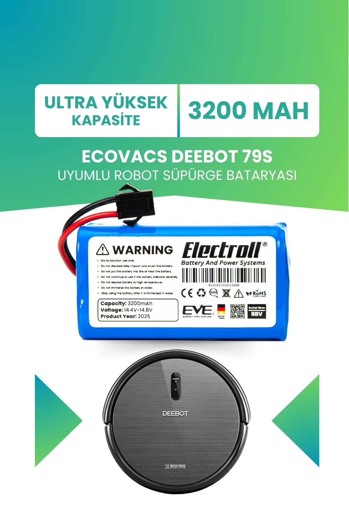 Ecovacs Deebot 79s Uyumlu Batarya (ULTRA YÜKSEK KAPASİTE) 3200mah Pil Robot Süpürge Bataryası