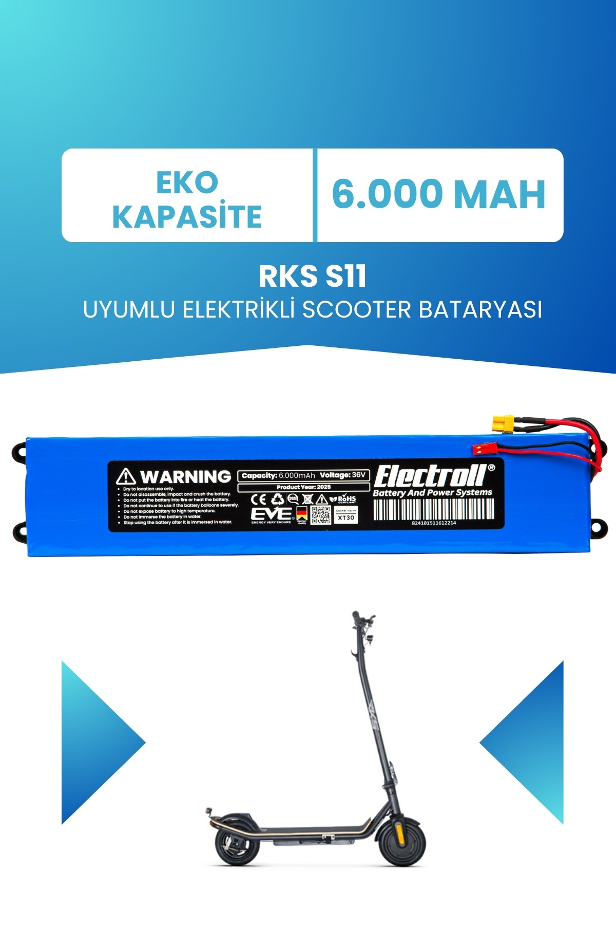 Rks S11 Uyumlu Batarya (Eko Kapasite) 36v 6.000Mah Elektrikli Scooter Bataryası