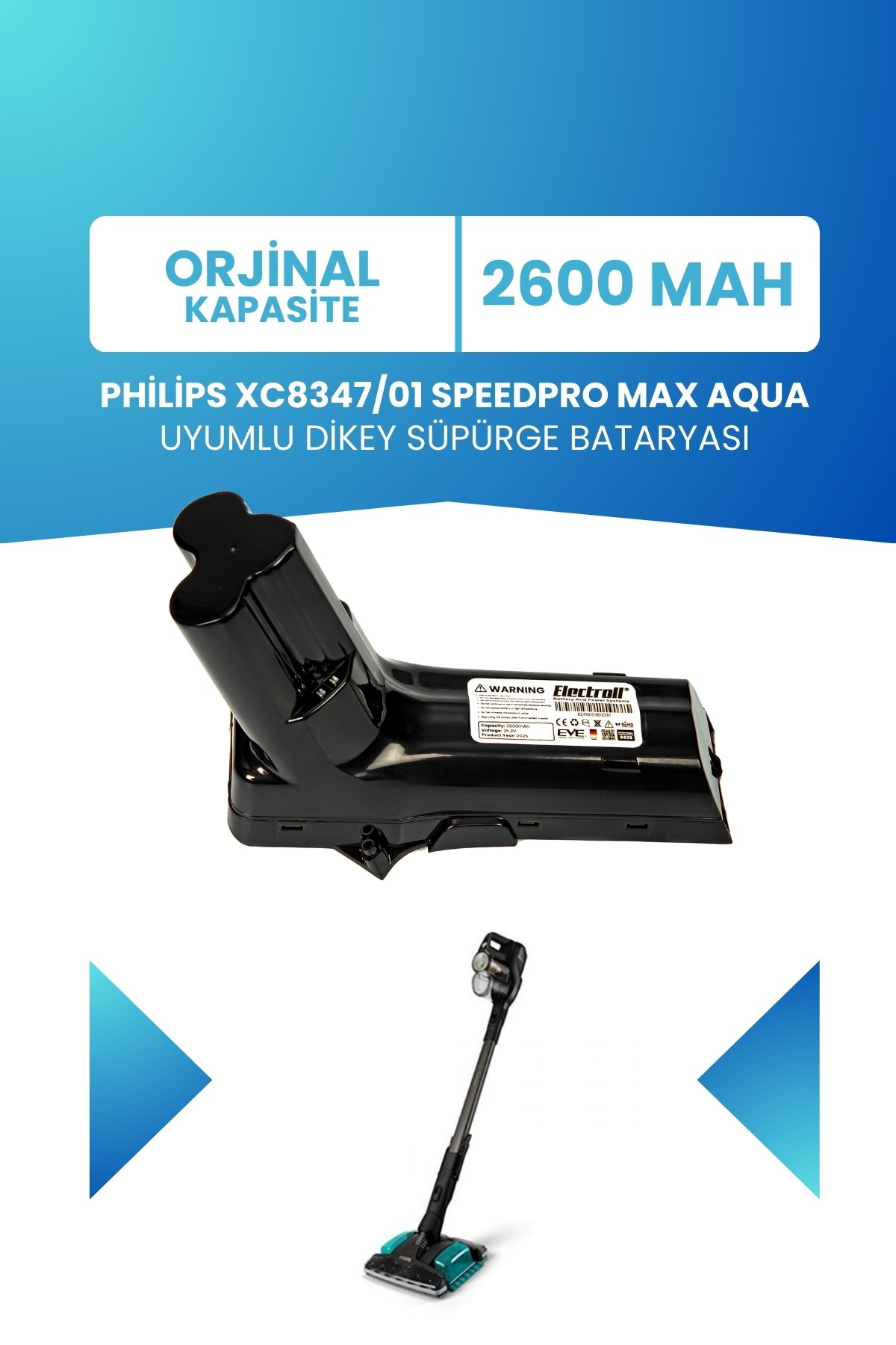 Philips 8000 Serisi XC8347/01 Speedpro Max Aqua Uyumlu Batarya 25.2 V 2600mah Dikey Süpürge Bataryası