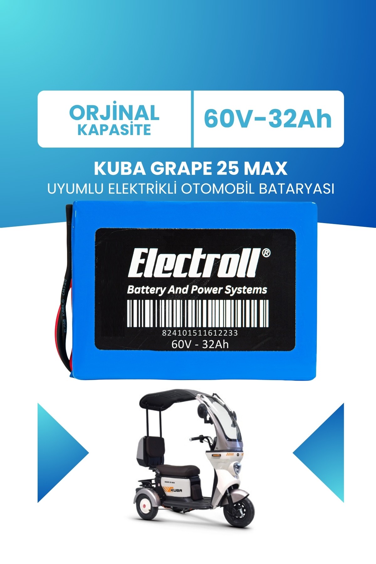 Kuba Grape 25 Max Uyumlu Batarya (Standart Kapasite) LiFePO4 60V 32Ah Elektrikli Otomobil Bataryası