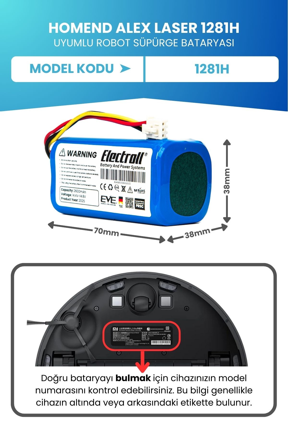 Homend Alex Laser 1281h Uyumlu Batarya (ORJİNAL KAPASİTE) 2600mah Pil Robot Süpürge Bataryası