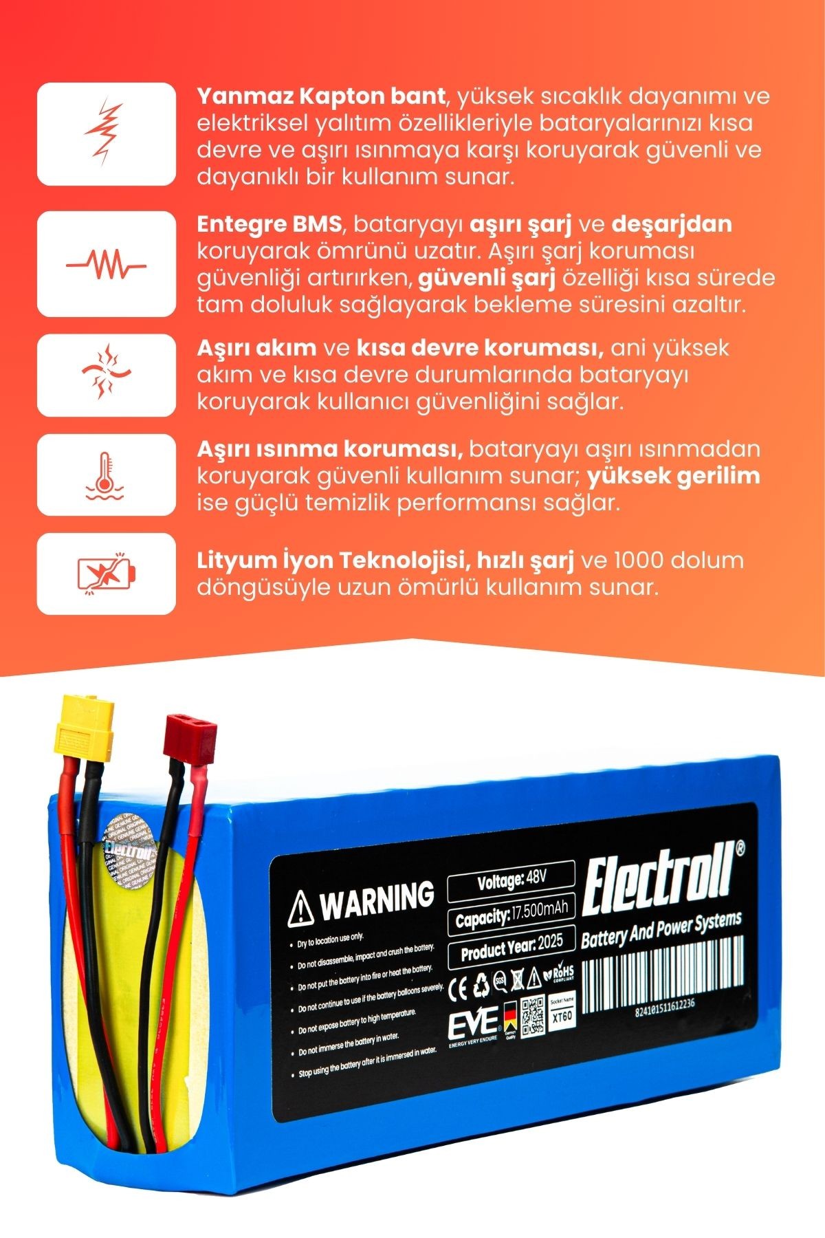 Onvo Ov-012 X Plus (YÜKSEK KAPASİTE) Batarya 48v 17.5ah Pil Elektrikli Scooter Bataryası