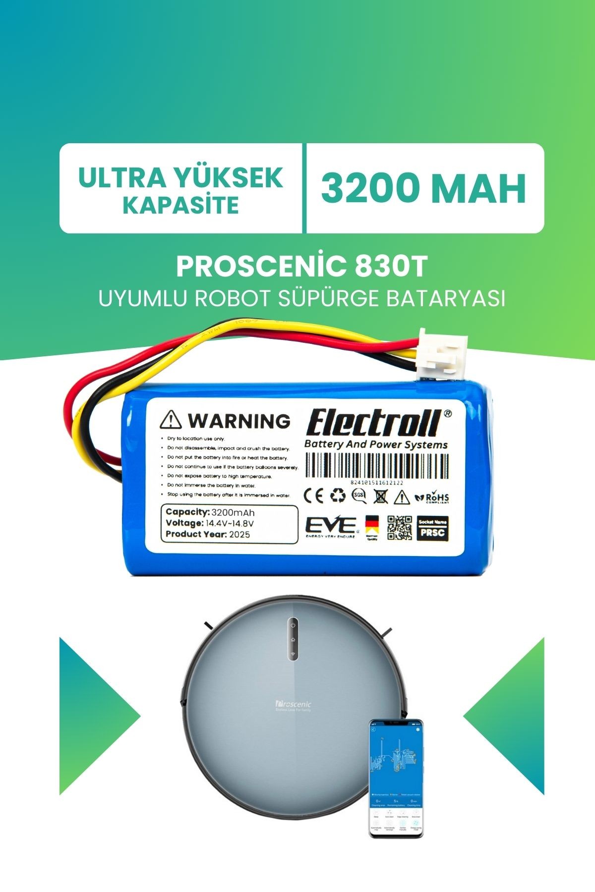Proscenic 830t Uyumlu Batarya (ULTRA YÜKSEK KAPASİTE) 3200mah Pil Robot Süpürge Bataryası Değişimi