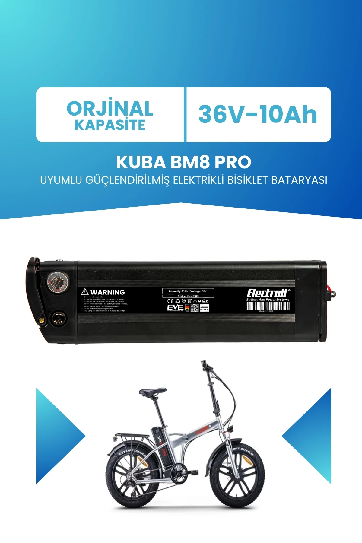 Kuba Bm8 Pro Uyumlu 36V 10Ah Güçlendirilmiş Elektrikli Bisiklet Bataryası