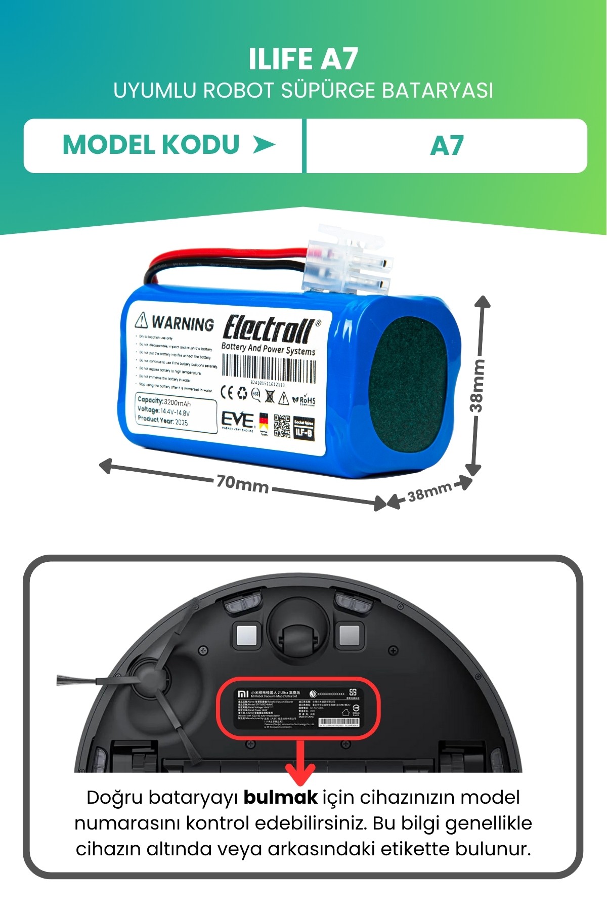 Ilıfe A7 Uyumlu Batarya (ULTRA YÜKSEK KAPASİTE) 3200mah Pil Robot Süpürge Bataryası