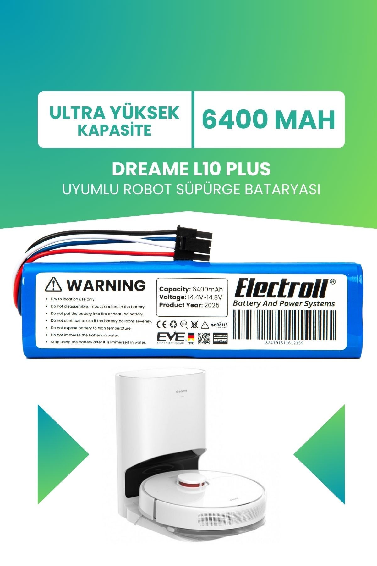 Dreame L10 Plus Uyumlu Batarya (ULTRA YÜKSEK KAPASİTE) 6400mah Pil Robot Süpürge Batarya Değişimi
