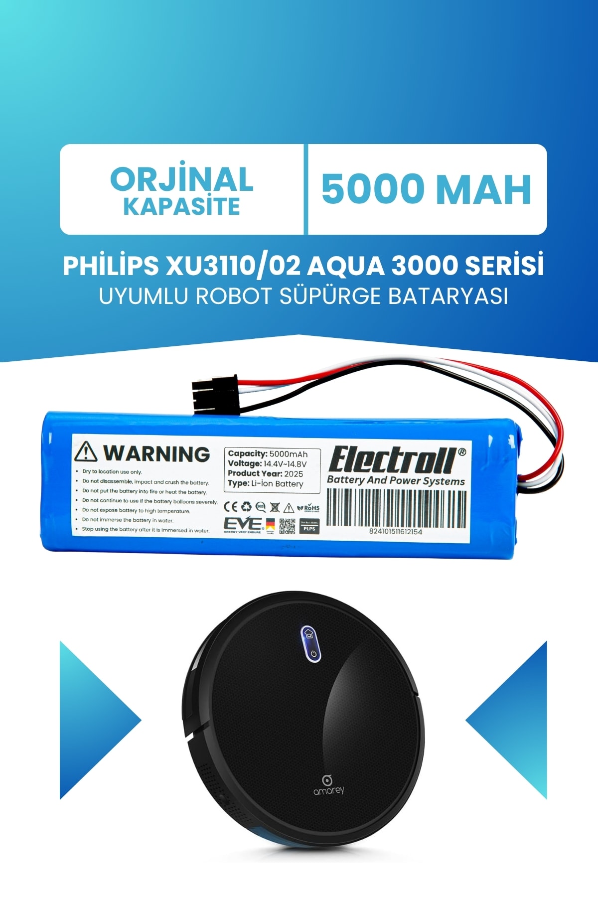 Philips Xu3110/02 Aqua 3000 Serisi Uyumlu Batarya (STANDART KAPASİTE) 5000mah Robot Süpürge Pili