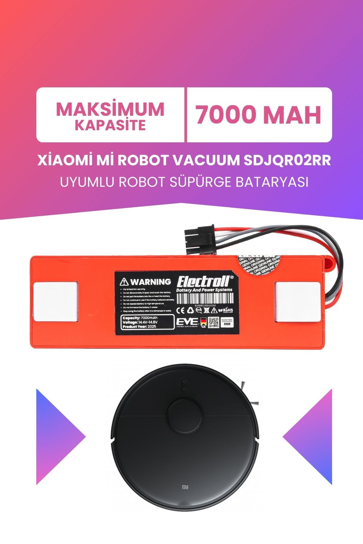 Xiaomi Mi Robot Vacuum Sdjqr02rr Uyumlu Batarya (MAKSİMUM KAPASİTE) 7000mah Kutulu Robot Süpürge Pil