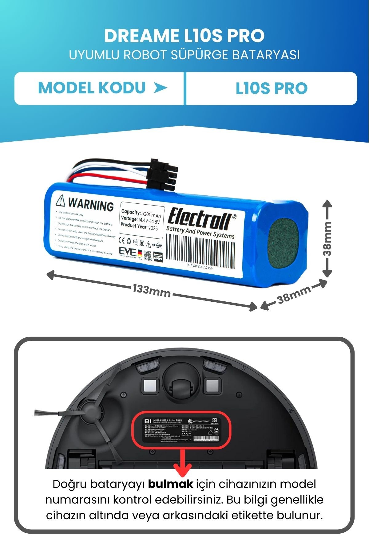 Dreame L10s Pro Uyumlu Batarya (ORJİNAL KAPASİTE) 5200mah Pil Robot Süpürge Bataryası Değişimi