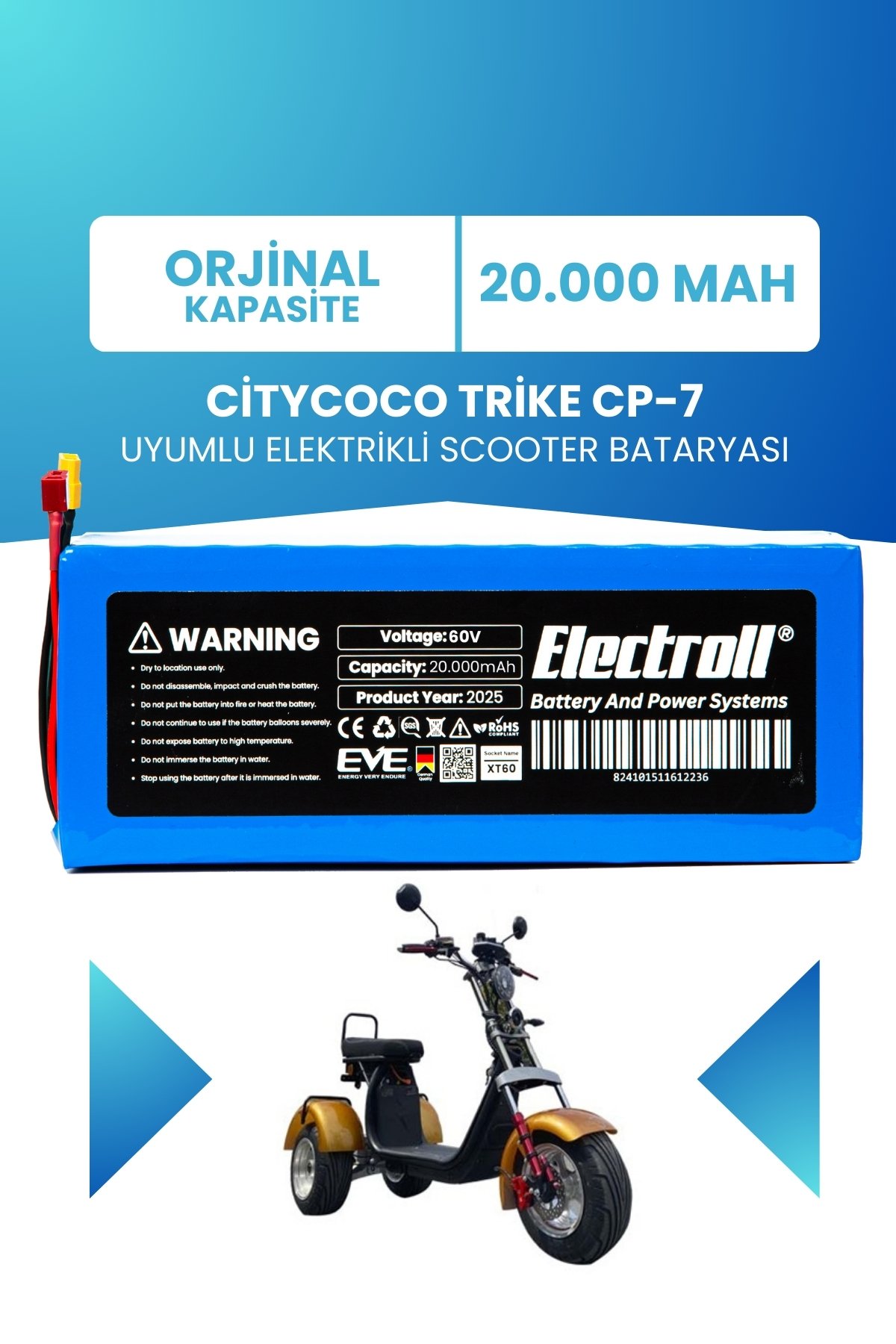 Citycoco Trike CP-7 Scooter Batarya (ORJİNAL KAPASİTE) LiFePO4 60V 20AH Elektrikli Scooter Bataryası