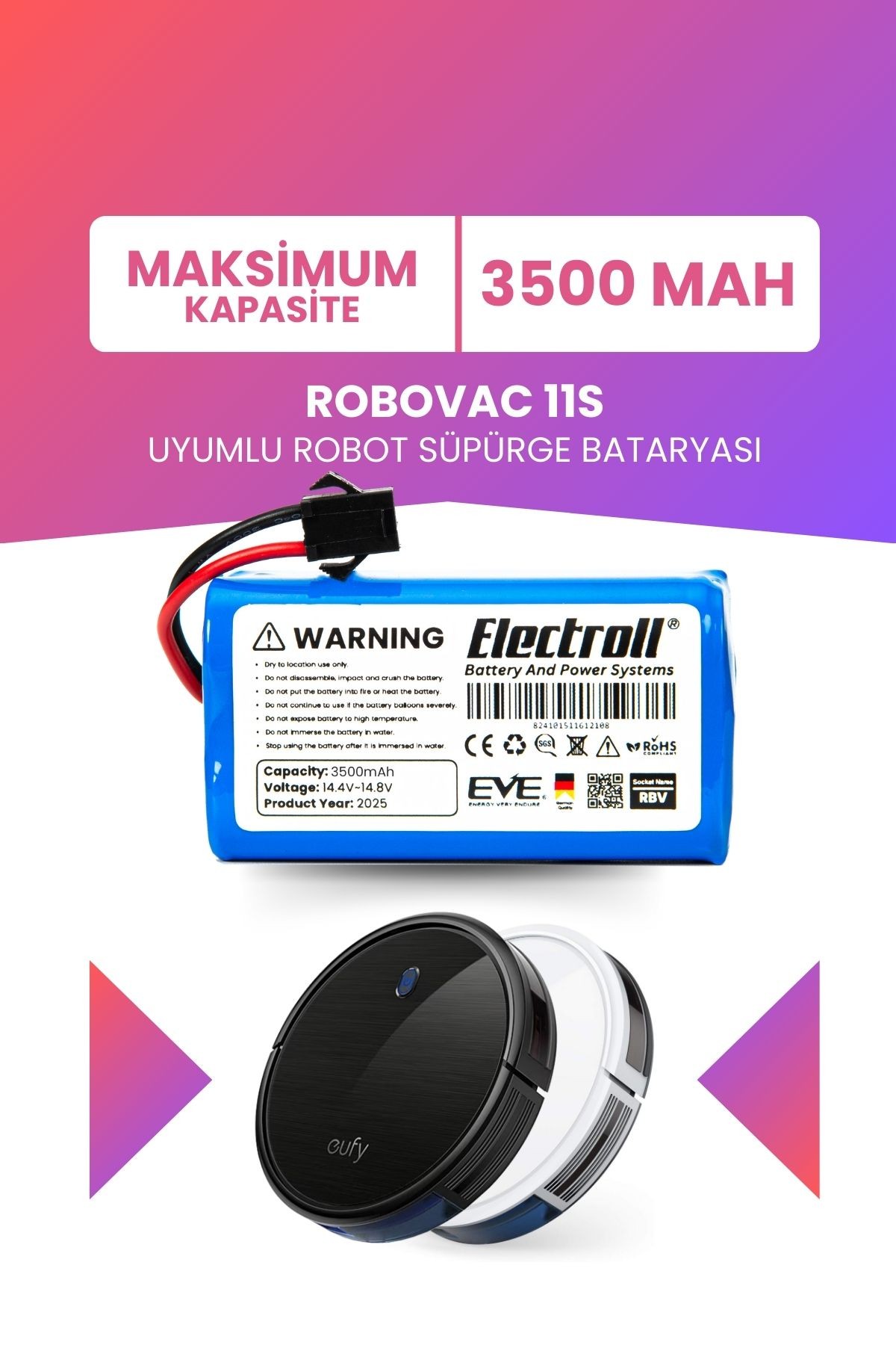 Robovac 11s Uyumlu Batarya (MAKSİMUM KAPASİTE) 3500mah Pil Robot Süpürge Bataryası T2108311