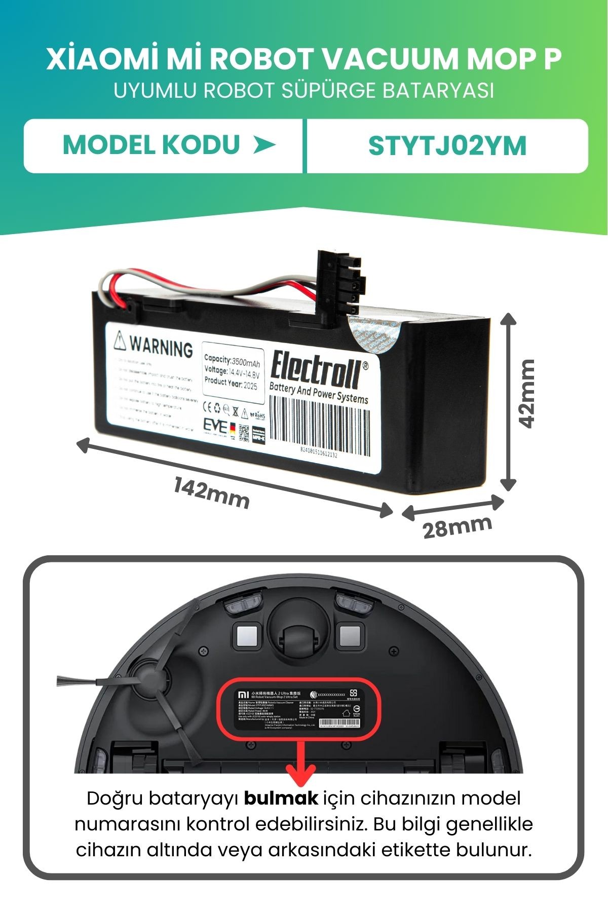 Xiaomi Mi Robot Vacuum Mop P Uyumlu Batarya (ULTRA YÜKSEK KAPASİTE) 3500mah Kutulu Model: Stytj02ym