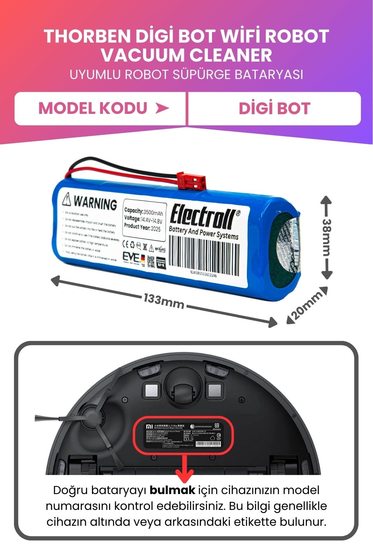 Thorben Digi Bot Wifi Robot Vacuum Cleaner Uyumlu Batarya (MAKSİMUM KAPASİTE) 3500mah Batarya