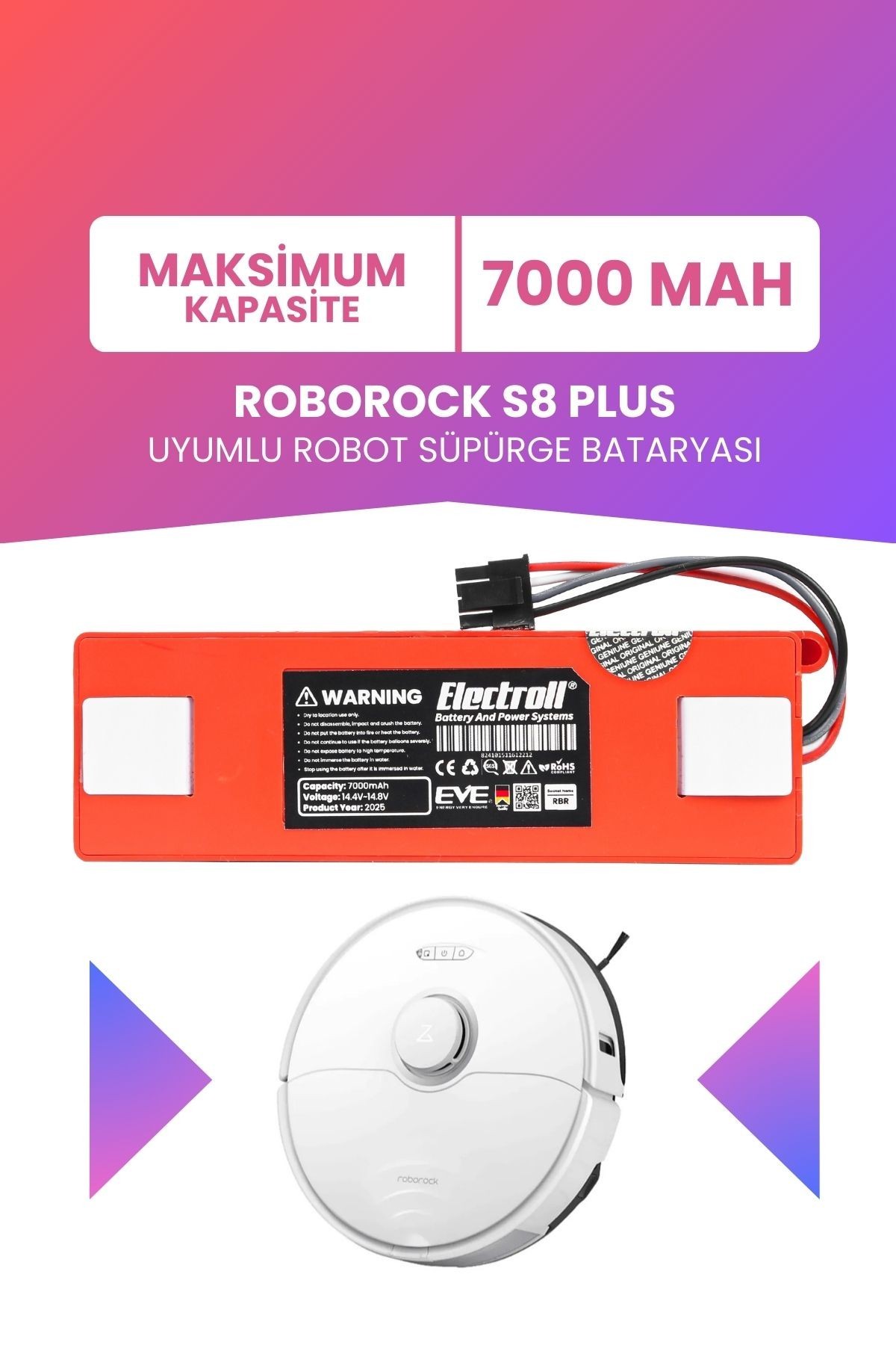 Roborock S8 Plus Uyumlu Batarya (MAKSİMUM KAPASİTE) 7000mah Kutulu Robot Süpürge Pil Değişimi