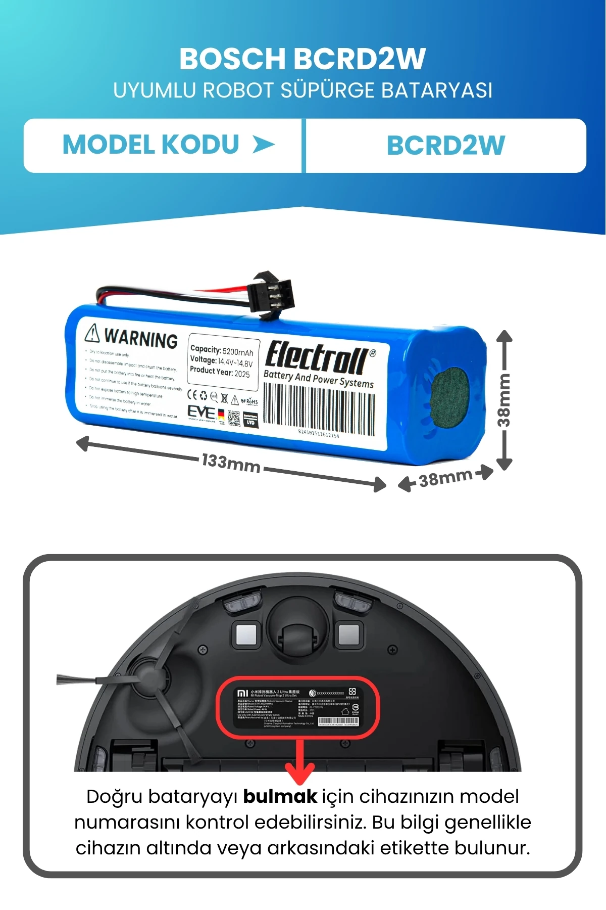 Bosch BCRD2W Uyumlu Batarya (STANDART KAPASİTE) 5200mah Pil Şarjlı Robot Süpürge Bataryası Tamir, Revizyon ve Pil Yenileme