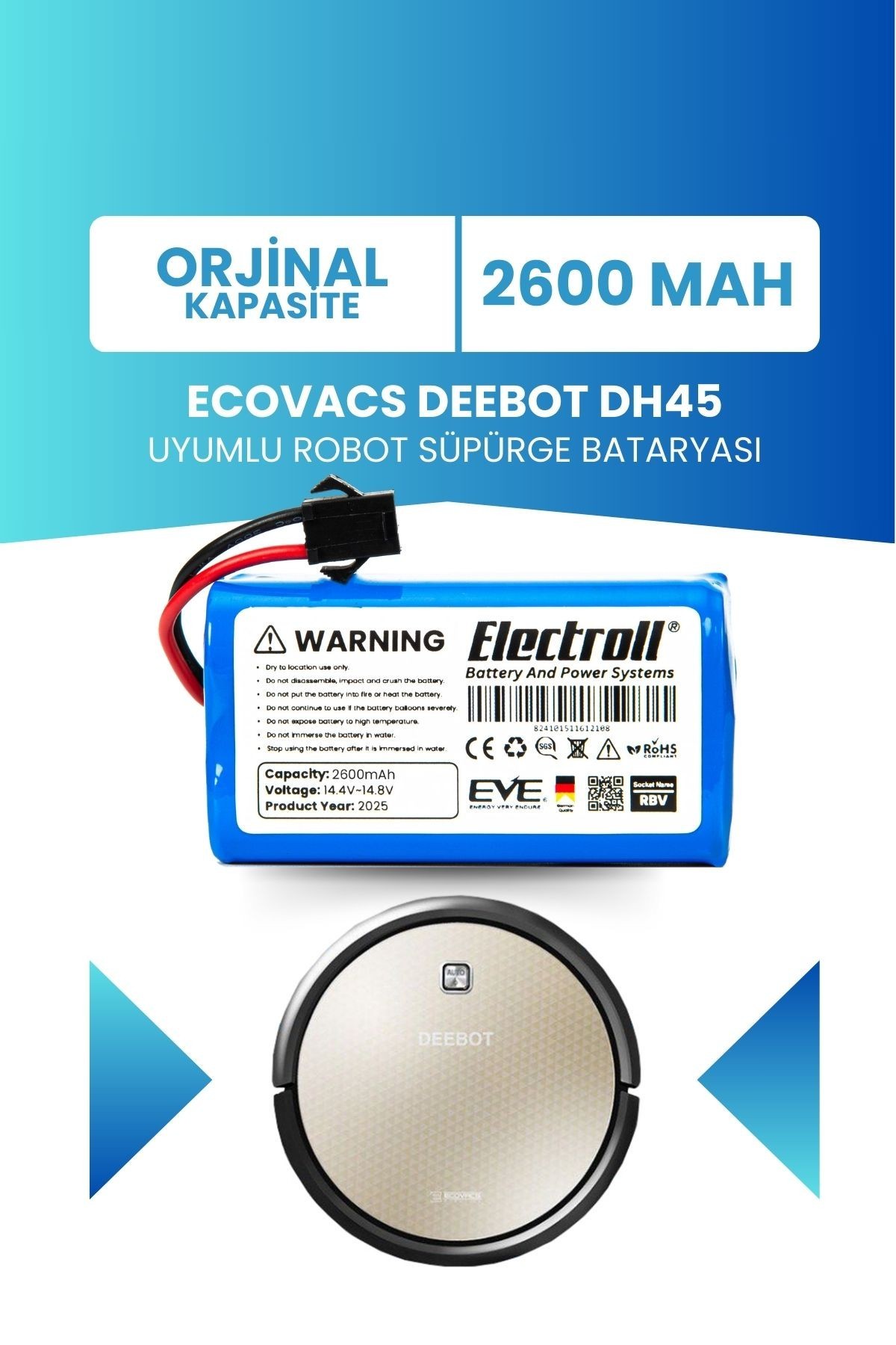 Ecovacs Deebot Dh45 Uyumlu Batarya (ORJİNAL KAPASİTE) 2600mah Pil Robot Süpürge Bataryası