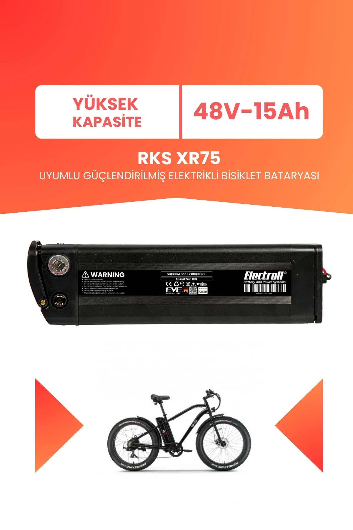 RKS XR75 Uyumlu 48V 15Ah (Yüksek Kapasite) Güçlendirilmiş Elektrikli Bisiklet Bataryası