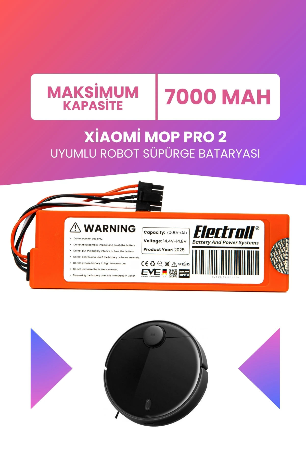 Xiaomi Mop Pro 2 Uyumlu Batarya (MAKSİMUM KAPASİTE) 7000mah Pil Robot Süpürge Bataryası Değişimi