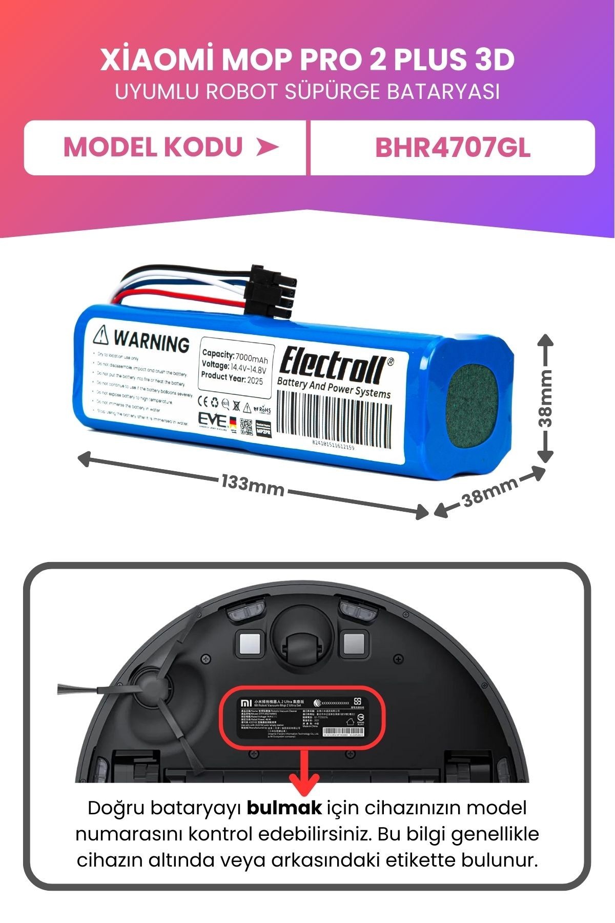 Xiaomi Mi Robot Vacuum Mop 2 Pro Plus 3d Uyumlu Batarya (MAKSİMUM KAPASİTE) 7000mah Pil BHR4707GL