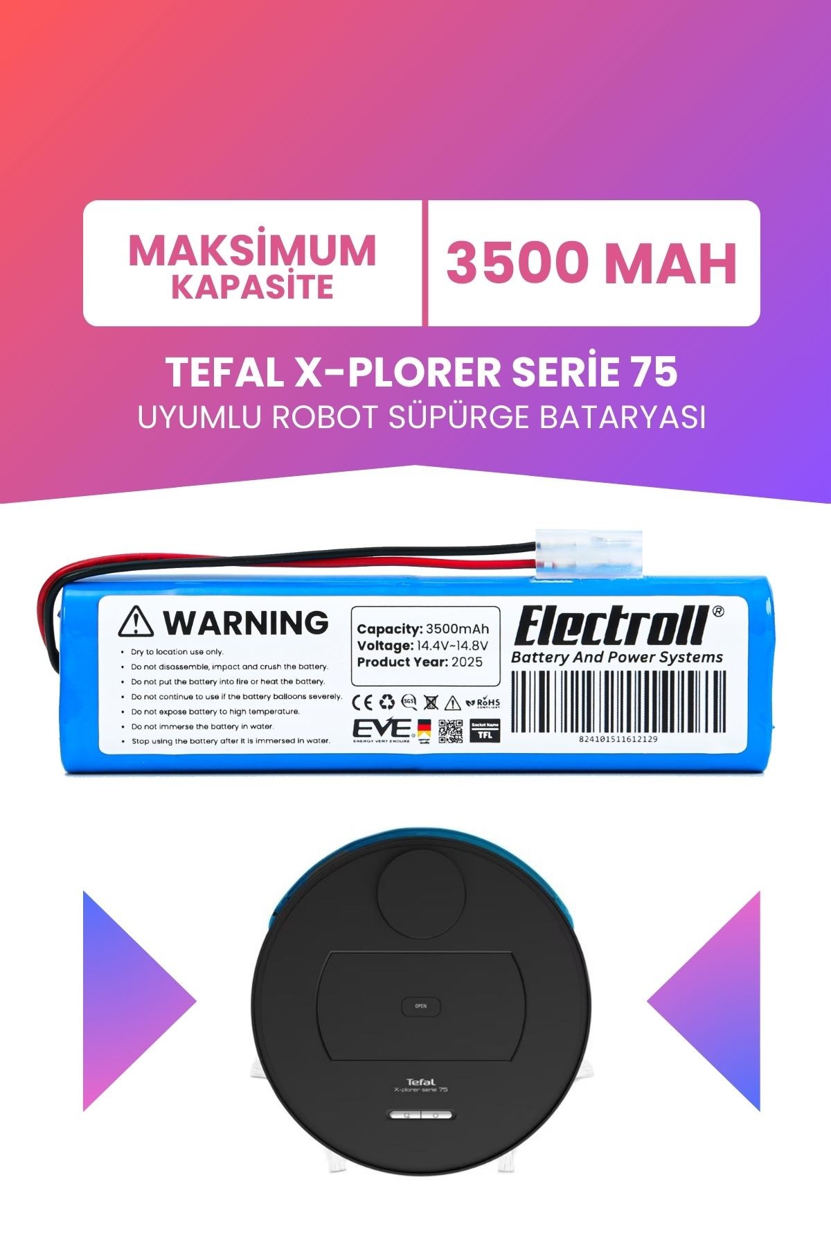 Tefal X-plorer Serie 75 Uyumlu Batarya (MAKSİMUM KAPASİTE) 3500mah Pil Robot Süpürge Bataryası