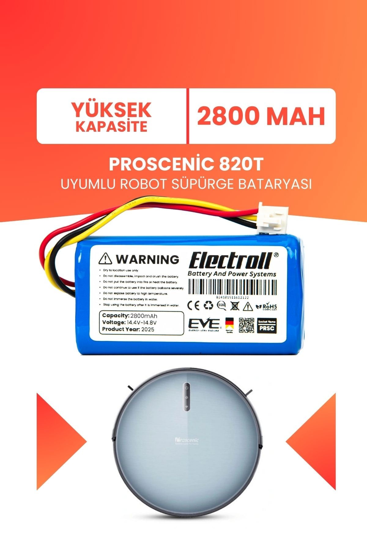 Proscenic 820t Uyumlu Batarya (YÜKSEK KAPASİTE) 2800mah Pil Robot Süpürge Bataryası Değişimi