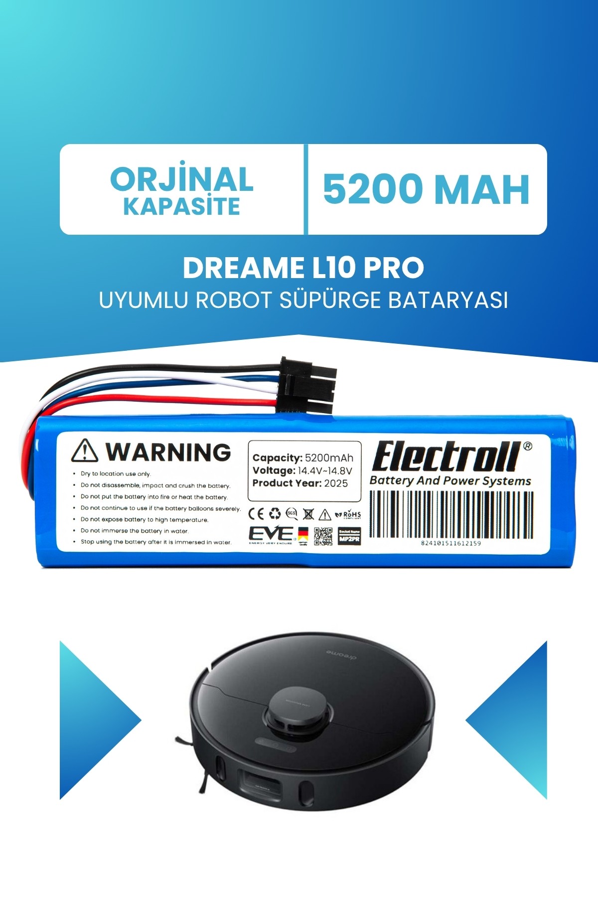 Dreame L10 Pro Uyumlu Batarya (STANDART KAPASİTE) 5200mah Pil Robot Süpürge Batarya Değişimi RLS5R