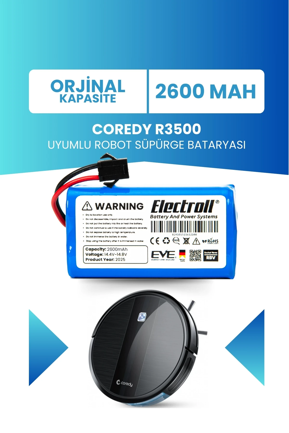 Coredy R3500 Uyumlu Batarya (ORJİNAL KAPASİTE) 2600mah Pil Akıllı Robot Süpürge Bataryası