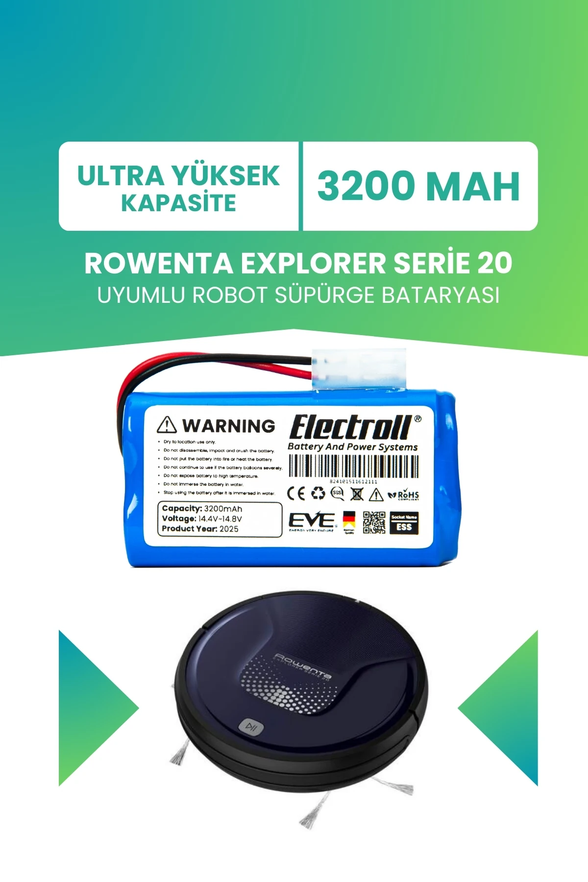 Rowenta Explorer Serie 20 Uyumlu Batarya (ULTRA YÜKSEK KAPASİTE) 3200mah Pil Robot Süpürge Bataryası