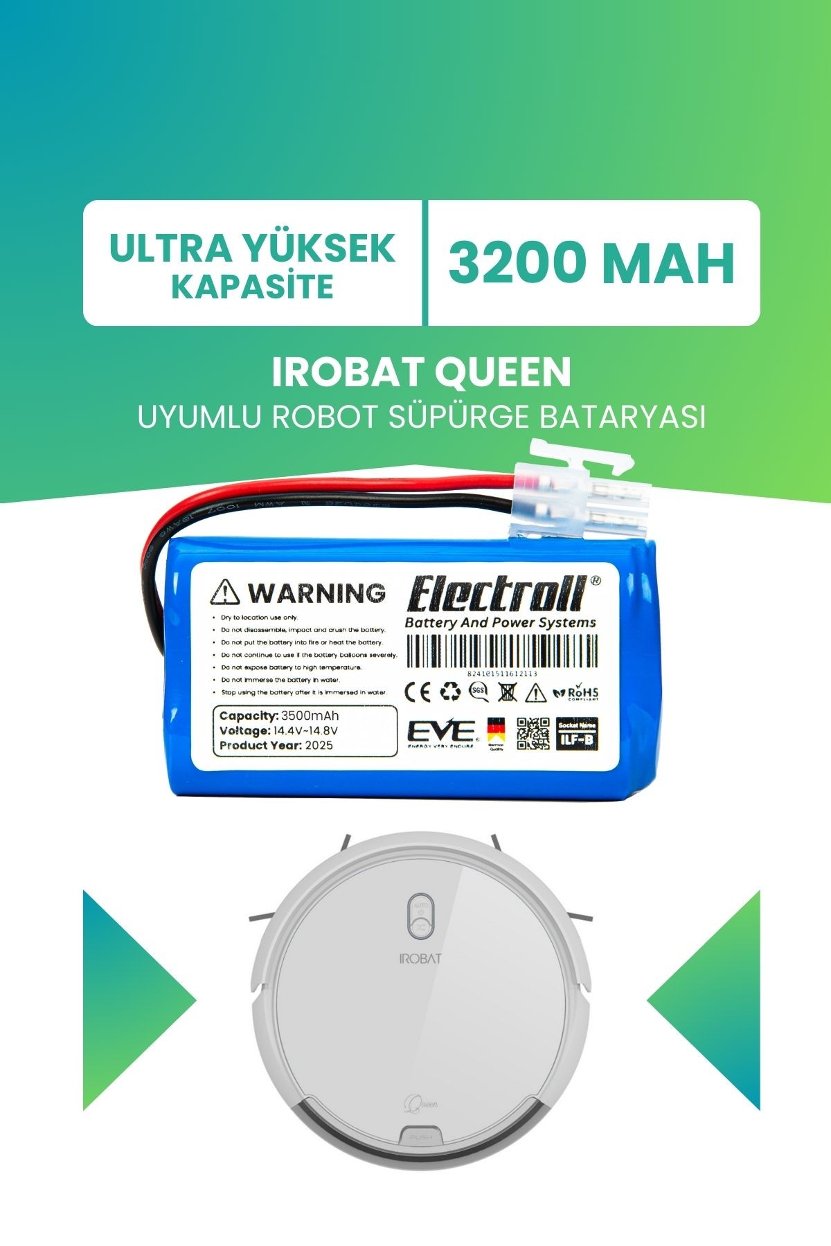 Irobat Queen Uyumlu Batarya (ULTRA YÜKSEK KAPASİTE) 3200mah Pil Robot Süpürge Batarya Değişimi