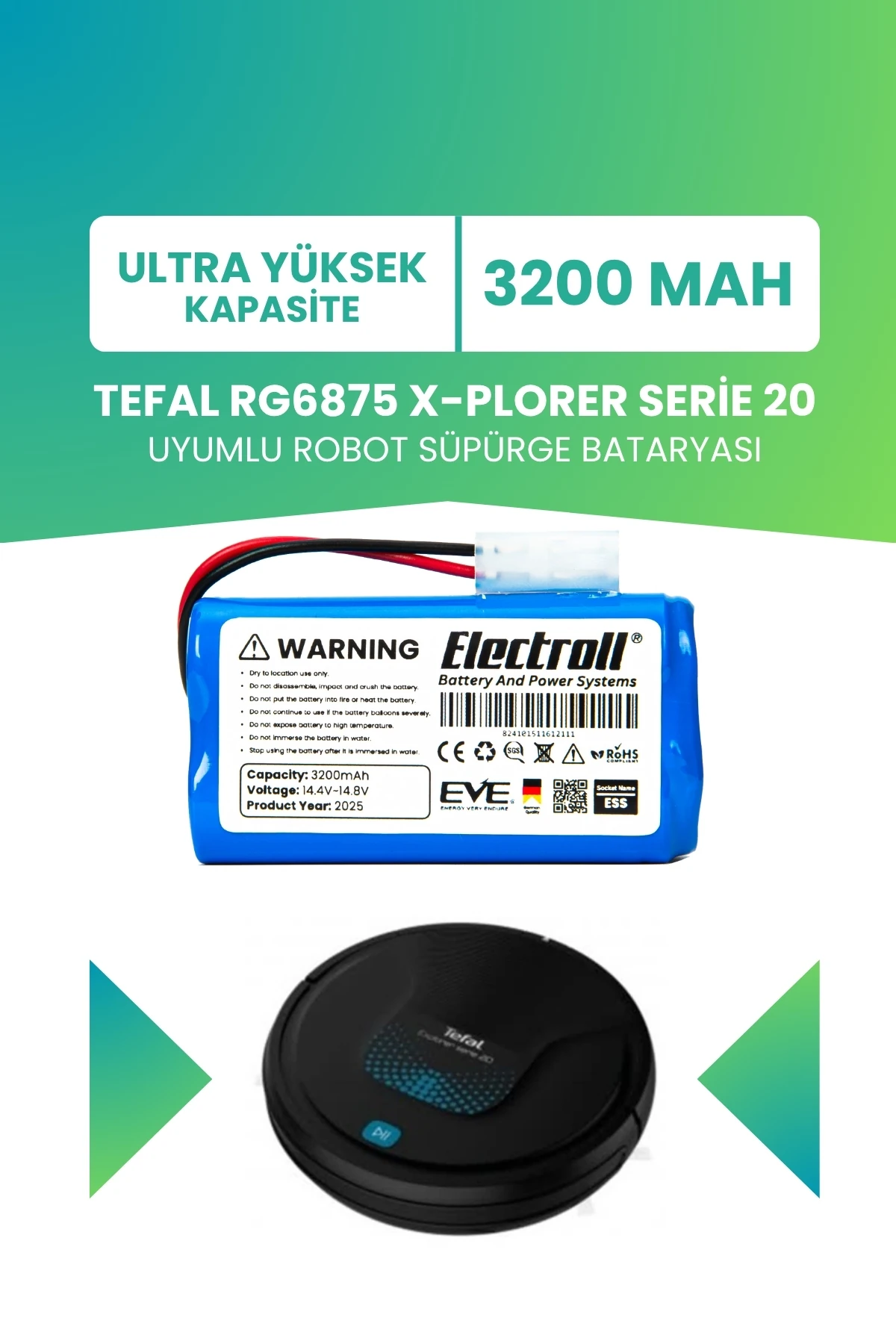 Tefal RG6875 X-Plorer Serie 20 Uyumlu Batarya (ULTRA YÜKSEK KAPASİTE) 3200mah Pil Robot Süpürge Bataryası