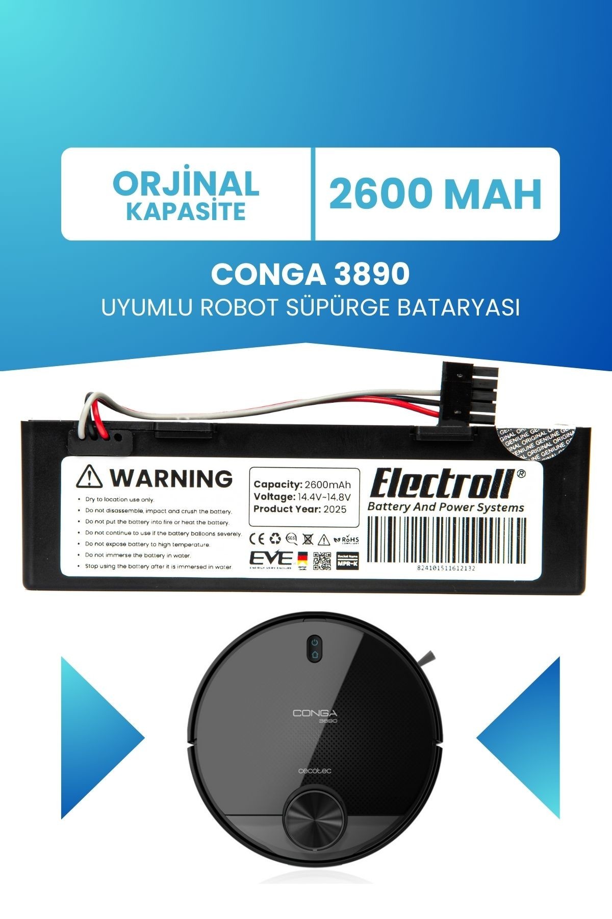 Conga 3890 Uyumlu Batarya (ORJİNAL KAPASİTE) 2600mah Pil Kutulu Robot Süpürge Bataryası Değişimi
