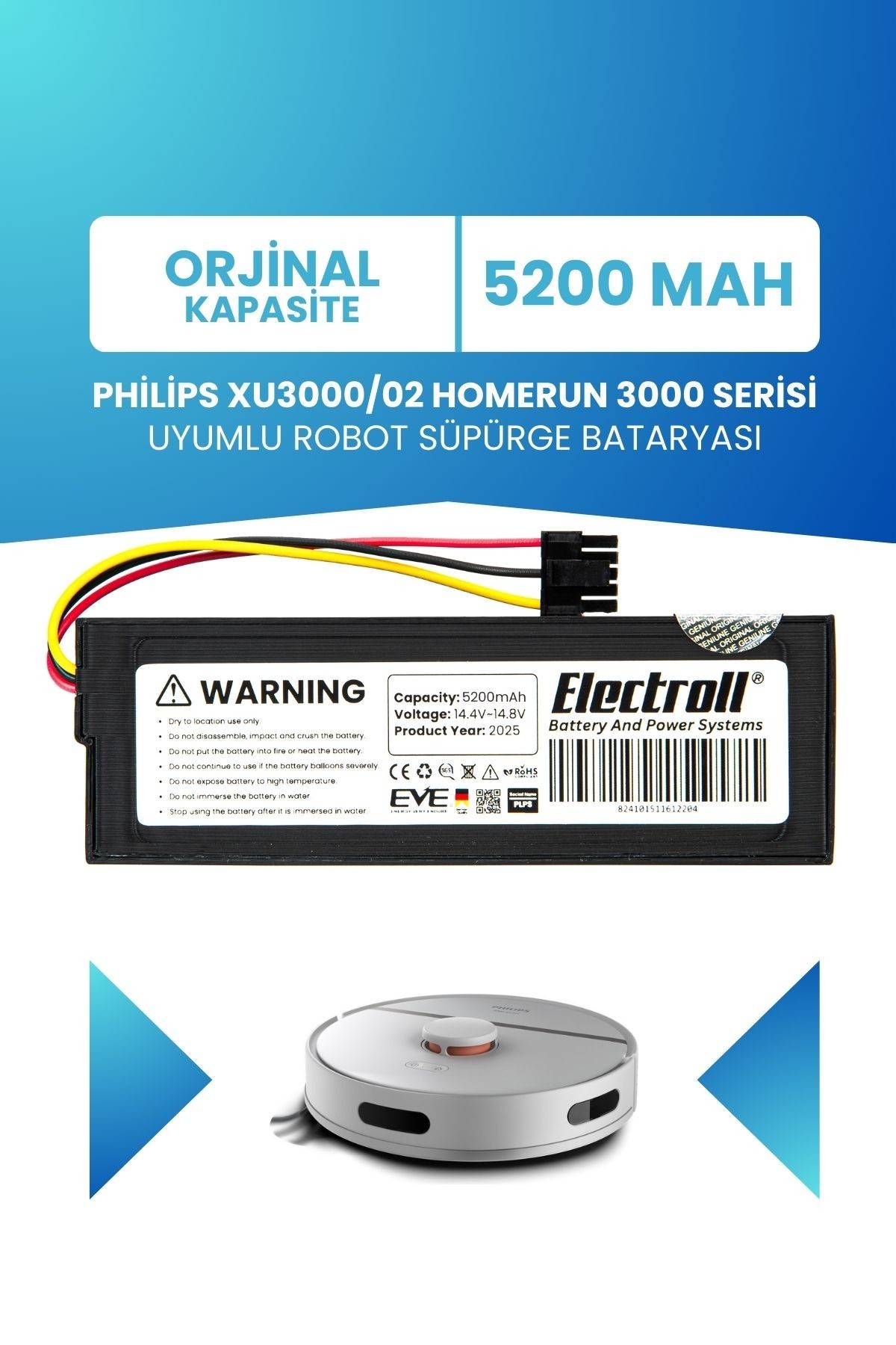 Philips Xu3000/02 Homerun 3000 Serisi Batarya (ORJİNAL KAPASİTE) 5200mah Robot Süpürge Pili
