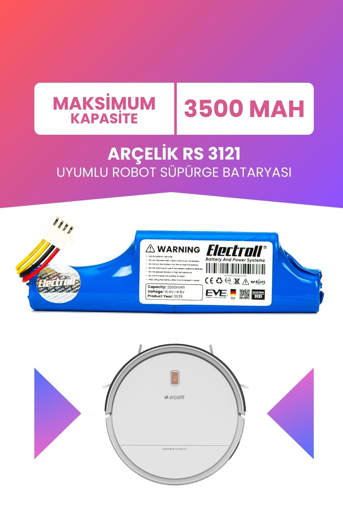 Arçelik Rs 3121 Uyumlu Batarya (MAKSİMUM KAPASİTE) 3500mah Pil Robot Süpürge Bataryası 9178024542