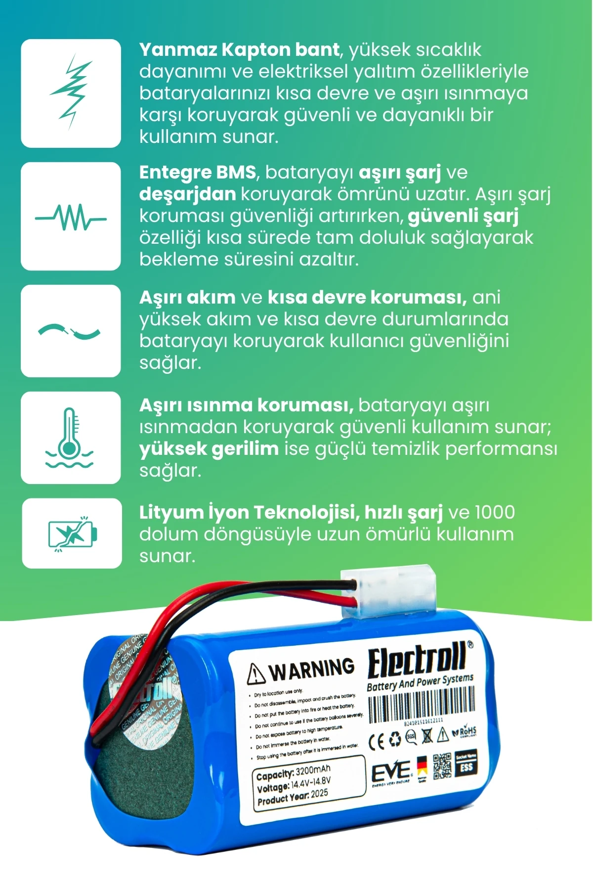 Fakir Robert Iı Rs 710 Uyumlu Batarya (ULTRA YÜKSEK KAPASİTE) 3200mah Pil Robot Süpürge Bataryası
