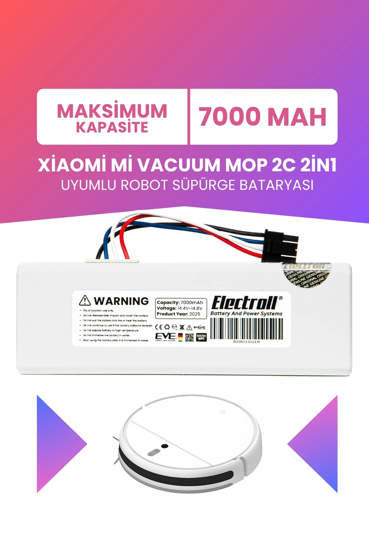Xiaomi Mi Vacuum Mop 2c 2in1 Uyumlu Batarya (MAKSİMUM KAPASİTE) 7000mah Robot Süpürge Pil XMSTJQR2C