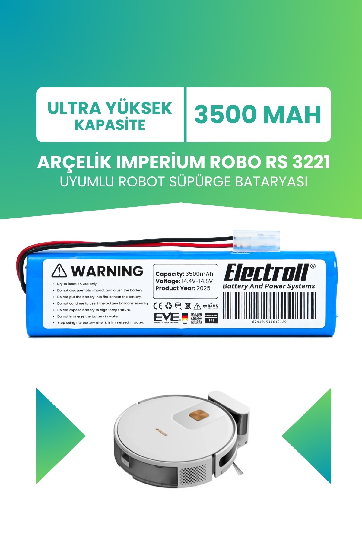 Arçelik Imperium Robo Rs 3221 Uyumlu Batarya (ULTRA YÜKSEK KAPASİTE) 3500mah Robot Süpürge Bataryası