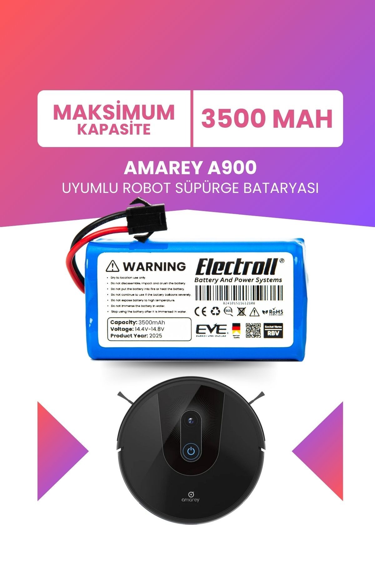 Amarey A900 Uyumlu Batarya (MAKSİMUM KAPASİTE) 3500mah Pil Akıllı Robot Süpürge Bataryası