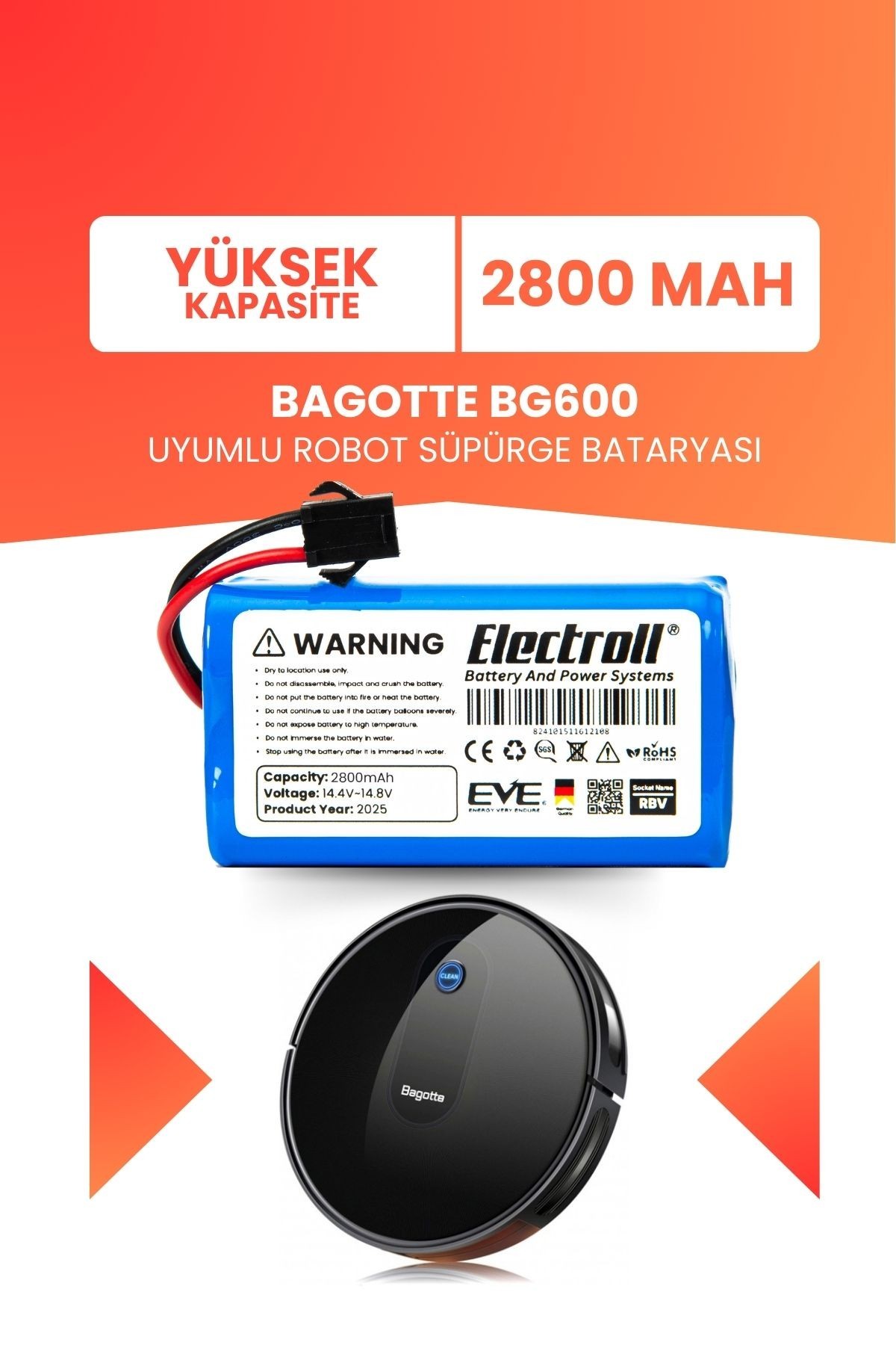Bagotte Bg600 Uyumlu Batarya (YÜKSEK KAPASİTE) 2800mah Pil Akıllı Robot Süpürge Bataryası