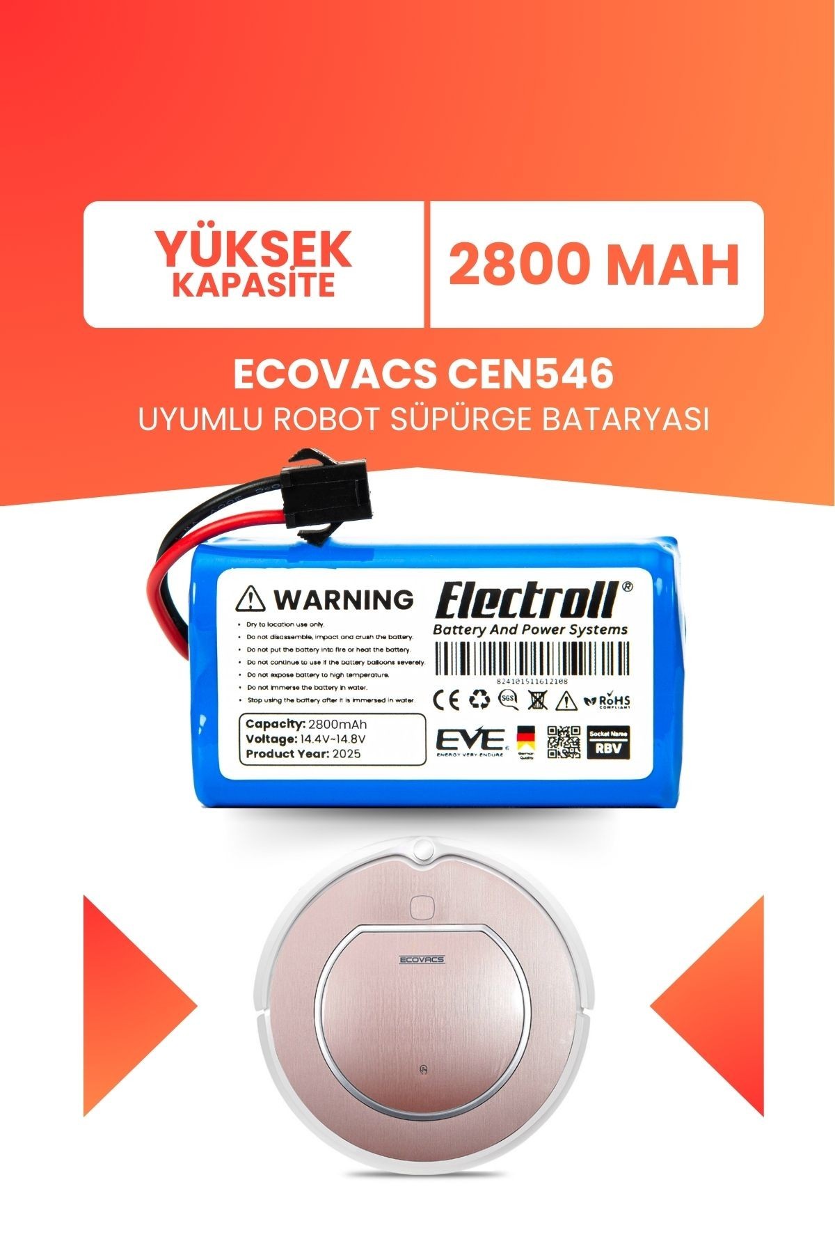 Ecovacs Cen546 Uyumlu Batarya (YÜKSEK KAPASİTE) 2800mah Pil Robot Süpürge Bataryası